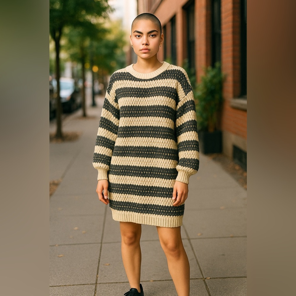 Net.153 Tan Beige Stripe Sweater‎ Dress M/L Women Long Sleeve Oversized Winter